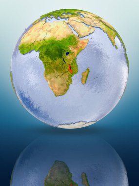 Malavi içinde kırmızı rengi parlak yüzeye yansıtan dünya üzerinde. 3D çizim.