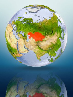 Kazakistan içinde kırmızı rengi parlak yüzeye yansıtan dünya üzerinde. 3D çizim.