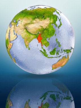 Myanmar içinde kırmızı rengi parlak yüzeye yansıtan dünya üzerinde. 3D çizim.