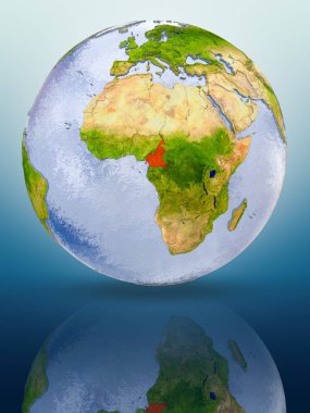 Kamerun içinde kırmızı rengi parlak yüzeye yansıtan dünya üzerinde. 3D çizim.