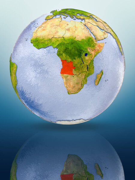 Angola In red color on globe reflecting on shiny surface. 3D illustration.