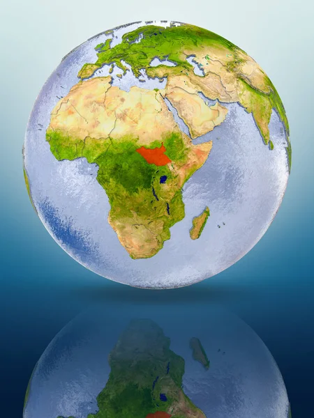 南苏丹在红色在地球反射在闪亮的表面 — 图库照片