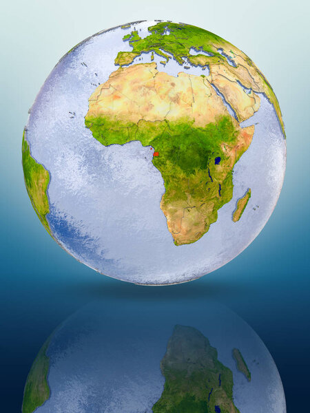 Equatorial Guinea In red color on globe reflecting on shiny surface. 3D illustration.