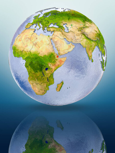 Djibouti In red color on globe reflecting on shiny surface. 3D illustration.