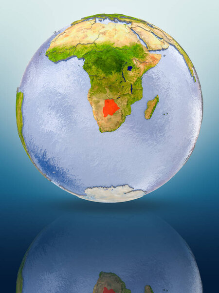 Botswana In red color on globe reflecting on shiny surface. 3D illustration.