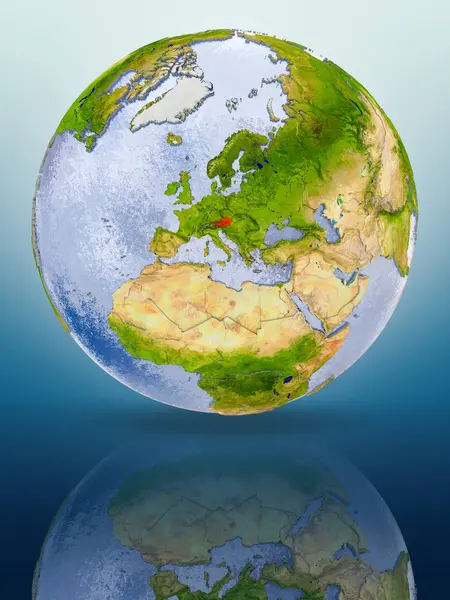Österrike Röd Färg Världen Återspeglar Den Blanka Ytan Illustration — Stockfoto