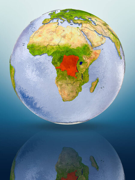 Democratic Republic of Congo In red color on globe reflecting on shiny surface. 3D illustration.