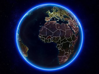 Burkina Faso görünür Kenarlıklar ve şehir ışıkları ile gece Planet Earth kırmızı vurgulanır. 3D çizim. Nasa tarafından döşenmiş bu görüntü unsurları.