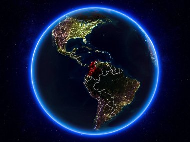 Kolombiya görünür Kenarlıklar ve şehir ışıkları ile gece Planet Earth kırmızı vurgulanır. 3D çizim. Nasa tarafından döşenmiş bu görüntü unsurları.