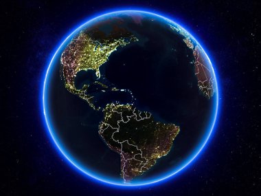 Karayipler görünür Kenarlıklar ve şehir ışıkları ile gece Planet Earth kırmızı vurgulanır. 3D çizim. Nasa tarafından döşenmiş bu görüntü unsurları.