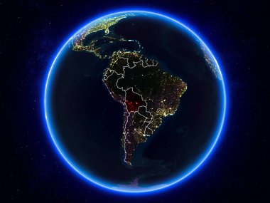 Bolivya görünür Kenarlıklar ve şehir ışıkları ile gece Planet Earth kırmızı vurgulanır. 3D çizim. Nasa tarafından döşenmiş bu görüntü unsurları.