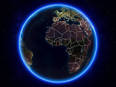 Gana görünür Kenarlıklar ve şehir ışıkları ile gece Planet Earth kırmızı vurgulanır. 3D çizim. Nasa tarafından döşenmiş bu görüntü unsurları.
