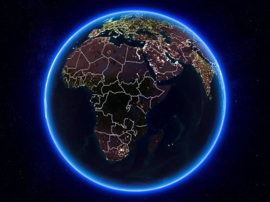 Uganda görünür Kenarlıklar ve şehir ışıkları ile gece Planet Earth kırmızı vurgulanır. 3D çizim. Nasa tarafından döşenmiş bu görüntü unsurları.