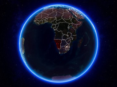 Namibya görünür Kenarlıklar ve şehir ışıkları ile gece Planet Earth kırmızı vurgulanır. 3D çizim. Nasa tarafından döşenmiş bu görüntü unsurları.