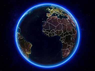 Liberya görünür Kenarlıklar ve şehir ışıkları ile gece Planet Earth kırmızı vurgulanır. 3D çizim. Nasa tarafından döşenmiş bu görüntü unsurları.