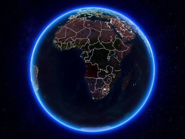 Angola görünür Kenarlıklar ve şehir ışıkları ile gece Planet Earth kırmızı vurgulanır. 3D çizim. Nasa tarafından döşenmiş bu görüntü unsurları.
