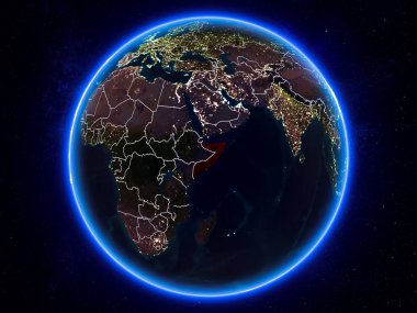 Somali görünür Kenarlıklar ve şehir ışıkları ile gece Planet Earth kırmızı vurgulanır. 3D çizim. Nasa tarafından döşenmiş bu görüntü unsurları.