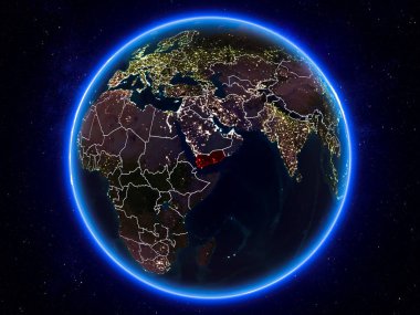 Yemen görünür Kenarlıklar ve şehir ışıkları ile gece Planet Earth kırmızı vurgulanır. 3D çizim. Nasa tarafından döşenmiş bu görüntü unsurları.