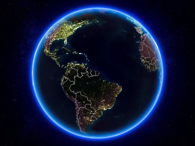 Fransız Guyanası görünür Kenarlıklar ve şehir ışıkları ile gece Planet Earth kırmızı vurgulanır. 3D çizim. Nasa tarafından döşenmiş bu görüntü unsurları.