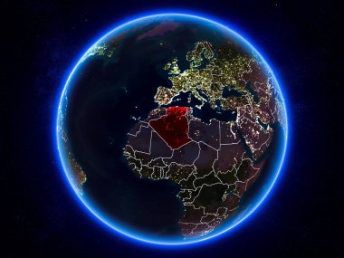 Cezayir görünür Kenarlıklar ve şehir ışıkları ile gece Planet Earth kırmızı vurgulanır. 3D çizim. Nasa tarafından döşenmiş bu görüntü unsurları.