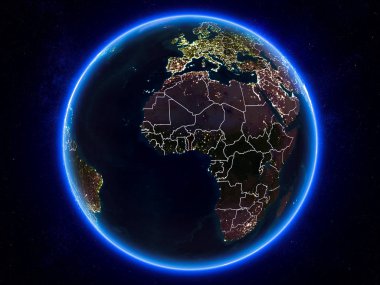 Benin görünür Kenarlıklar ve şehir ışıkları ile gece Planet Earth kırmızı vurgulanır. 3D çizim. Nasa tarafından döşenmiş bu görüntü unsurları.