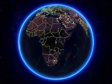 Ruanda görünür Kenarlıklar ve şehir ışıkları ile gece Planet Earth kırmızı vurgulanır. 3D çizim. Nasa tarafından döşenmiş bu görüntü unsurları.