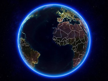 Gine Bissau görünür Kenarlıklar ve şehir ışıkları ile gece Planet Earth kırmızı vurgulanır. 3D çizim. Nasa tarafından döşenmiş bu görüntü unsurları.