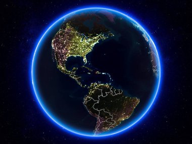 Haiti görünür Kenarlıklar ve şehir ışıkları ile gece Planet Earth kırmızı vurgulanır. 3D çizim. Nasa tarafından döşenmiş bu görüntü unsurları.