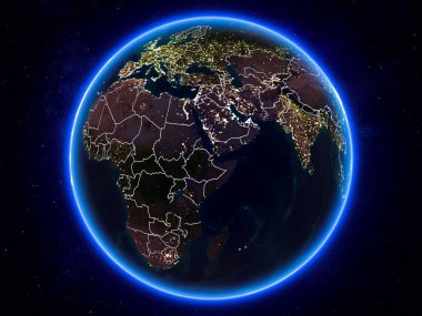 Cibuti görünür Kenarlıklar ve şehir ışıkları ile gece Planet Earth kırmızı vurgulanır. 3D çizim. Nasa tarafından döşenmiş bu görüntü unsurları.