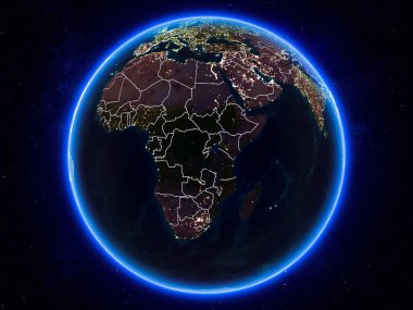 Burundi görünür Kenarlıklar ve şehir ışıkları ile gece Planet Earth kırmızı vurgulanır. 3D çizim. Nasa tarafından döşenmiş bu görüntü unsurları.