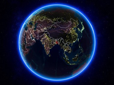Bangladeş görünür Kenarlıklar ve şehir ışıkları ile gece Planet Earth Kırmızı vurgulanır. 3D çizim. Nasa tarafından döşenmiş bu görüntü unsurları.