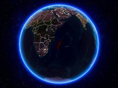 Madagaskar görünür Kenarlıklar ve şehir ışıkları ile gece Planet Earth kırmızı vurgulanır. 3D çizim. Nasa tarafından döşenmiş bu görüntü unsurları.