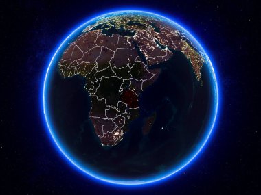 Tanzanya görünür Kenarlıklar ve şehir ışıkları ile gece Planet Earth kırmızı vurgulanır. 3D çizim. Nasa tarafından döşenmiş bu görüntü unsurları.