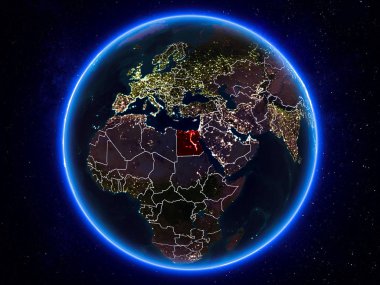 Mısır görünür Kenarlıklar ve şehir ışıkları ile gece Planet Earth kırmızı vurgulanır. 3D çizim. Nasa tarafından döşenmiş bu görüntü unsurları.
