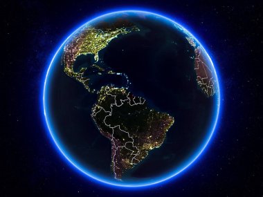 Guyana görünür Kenarlıklar ve şehir ışıkları ile gece Planet Earth kırmızı vurgulanır. 3D çizim. Nasa tarafından döşenmiş bu görüntü unsurları.