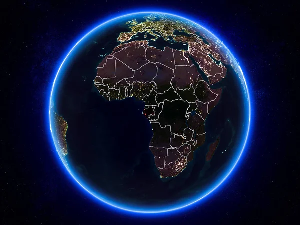 Габон Выделялся Красным Планете Земля Ночью Видимыми Границами Городскими Огнями — стоковое фото