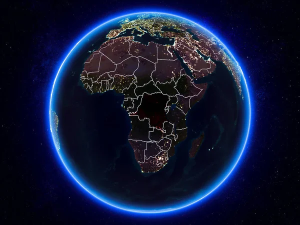 コンゴ民主共和国の可視境界線と街の明かりで夜地球上の赤で強調表示されます イラスト Nasa から提供されたこのイメージの要素 — ストック写真