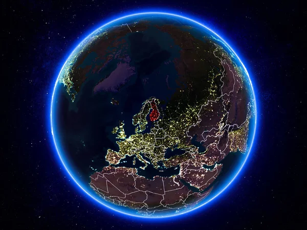 Finland Rödmarkerade Planeten Jorden Natten Med Synliga Kantlinjer Och Stadens — Stockfoto