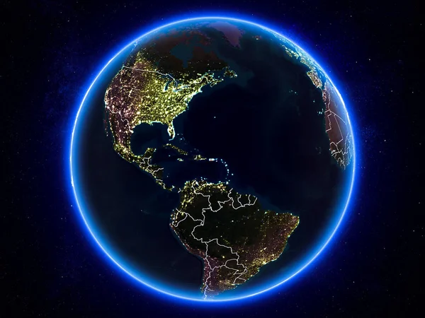 Puerto Rico Rödmarkerade Planeten Jorden Natten Med Synliga Kantlinjer Och — Stockfoto
