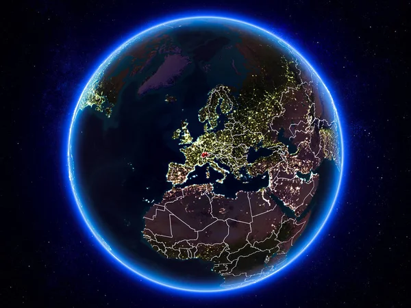 Швейцария Выделена Красным Цветом Планете Земля Ночью Видимыми Границами Городскими — стоковое фото