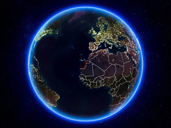 Western Sahara highlighted in red on planet Earth at night with visible borders and city lights. 3D illustration. Elements of this image furnished by NASA.