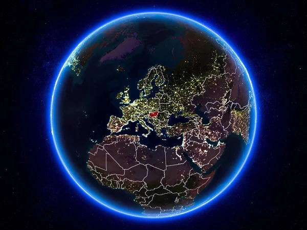 Maďarsko Zvýrazněny Červeně Planetě Zemi Noci Viditelná Ohraničení Světla Města — Stock fotografie