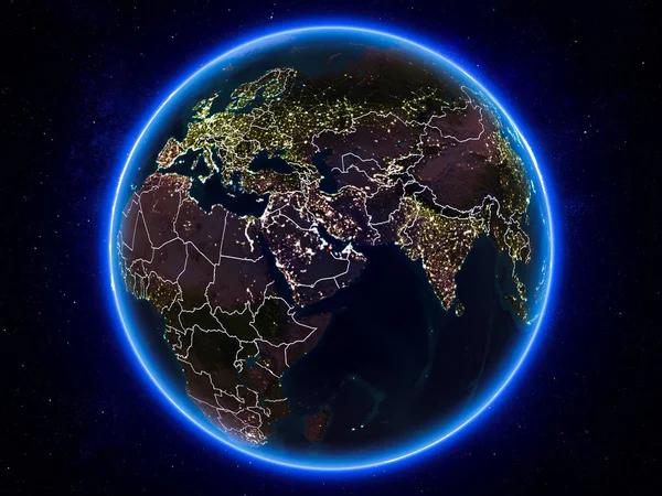 Catar Destacou Vermelho Planeta Terra Noite Com Fronteiras Visíveis Luzes — Fotografia de Stock