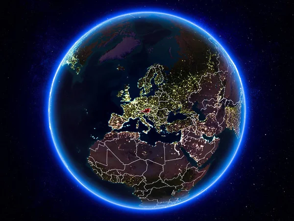Австрия Выделяется Красным Цветом Планете Земля Ночью Видимыми Границами Городскими — стоковое фото