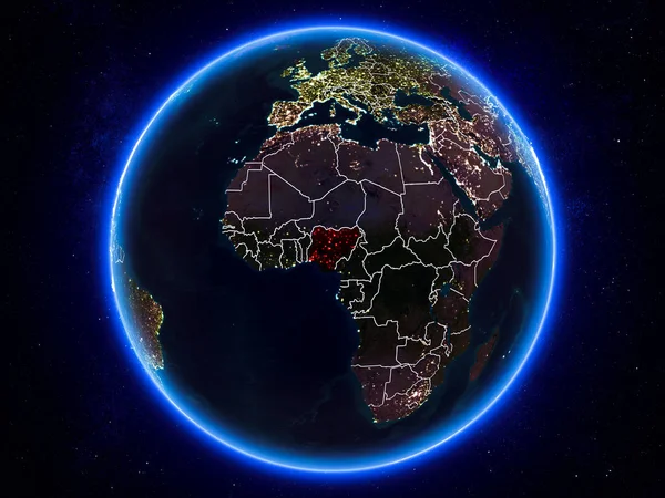 Нігерія Виділено Червоним Кольором Планеті Земля Вночі Видимих Кордонів Сіті — стокове фото