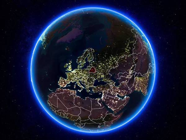 Bielorrússia Destacada Vermelho Planeta Terra Noite Com Fronteiras Visíveis Luzes — Fotografia de Stock