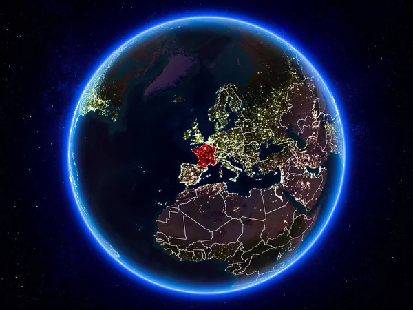 フランスはライトに可視境界線と市夜地球上の赤色でハイライト イラスト Nasa から提供されたこのイメージの要素 — ストック写真