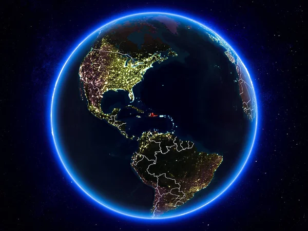 Dominikana Zaznaczone Czerwono Planecie Ziemi Nocy Widocznych Granic Światła Miasta — Zdjęcie stockowe
