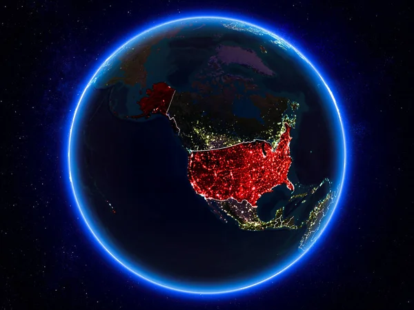 Stany Zjednoczone Ameryki Zaznaczone Czerwono Planecie Ziemi Nocy Widocznych Granic — Zdjęcie stockowe