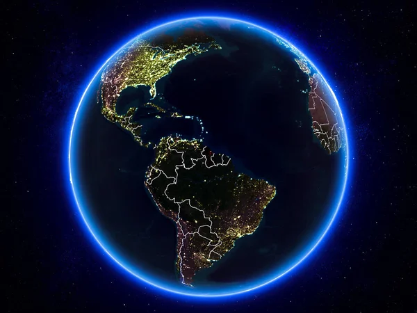 ガイアナ可視境界線と街の明かりで夜地球上の赤で強調表示されます イラスト Nasa から提供されたこのイメージの要素 — ストック写真